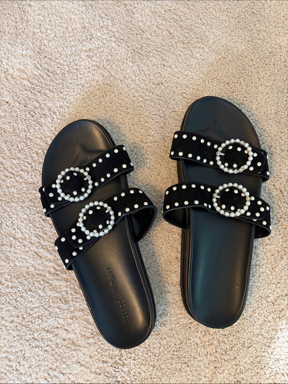 Rebecca Minkoff Black Pearl-Embellished Double-Strap Slide Sandals